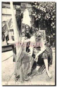 Old Postcard mending fishing net