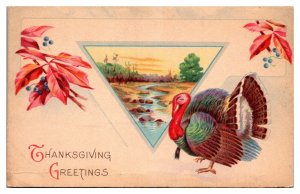 Antique Thanksgiving Greetings, Turkey, River Scene, Colored Leaves, Postcard