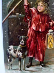 New Year Postcard Girl Great Dane Dog Lantern Clock PFB 9526 Germany Unposted