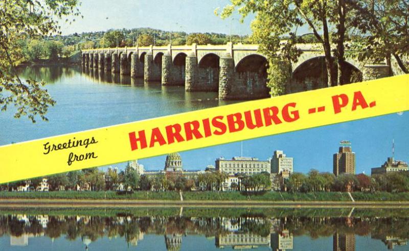 Greetings from Harrisburg PA Pennsylvania Market Street Bridge & Skyline pm 1968