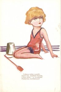 Mequita Almer. Girl fair-haired at beach Nice Spanish PC 1930s