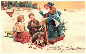 P. F. B. Christmas Greetings Blue Suited Santa Claus Children Postcard