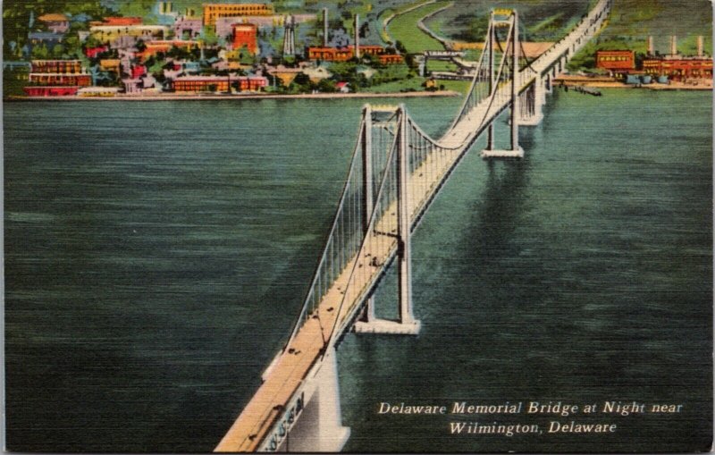 Linen Postcard Aerial View Delaware Memorial Bridge near Wilmington, Delaware