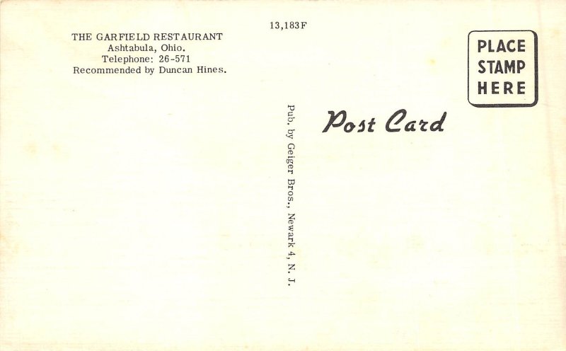 Ashtabula Ohio 1950s Postcard The Garfield Restaurant
