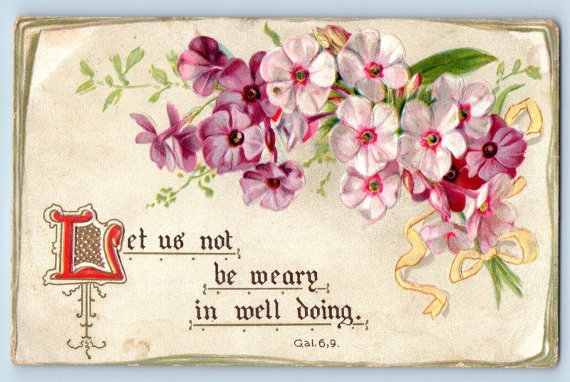 Council Bluff IA Postcard Pink Flowers Let Us Not Be Weary Religious Text Tuck