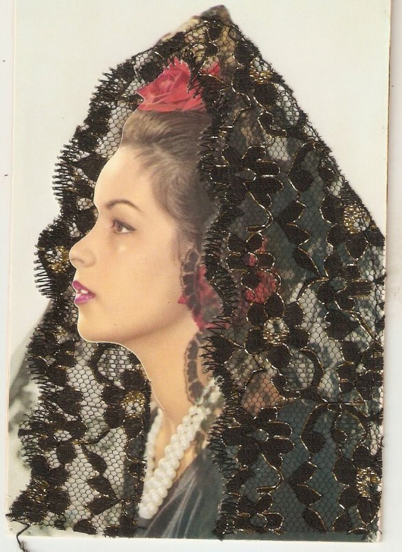 Spanish Señorita with Mantilla Nice modern Spanish PC. Gold embroidery