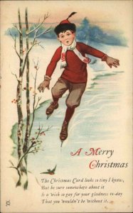 Christmas Little Boy Ice Skating Skater c1910 Vintage Postcard