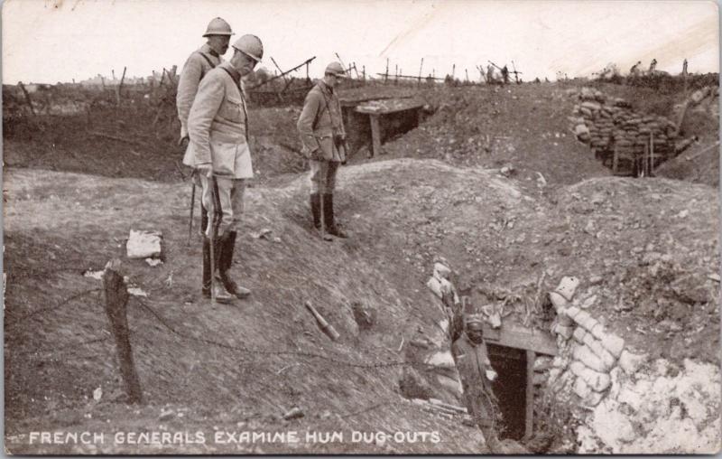 French Generals Examine Hun Dug-Outs Germans WW1 Military RPPC Postcard E25