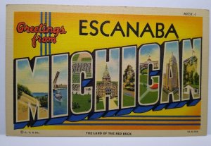 Greetings From Escanaba Michigan Large Big Letter Postcard Linen Curt Teich 1941