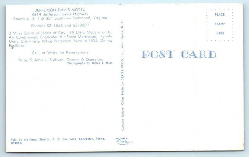 RICHMOND, Virginia VA ~ Roadside JEFFERSON DAVIS MOTEL c1950s Car  Postcard