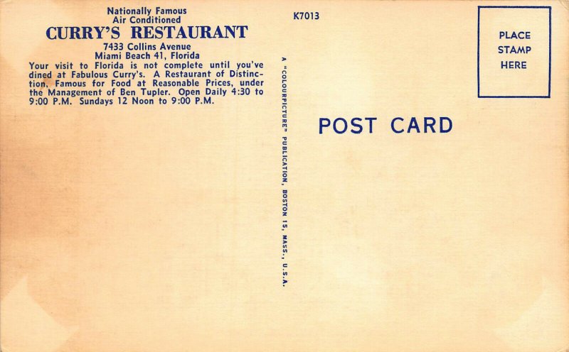 Curry's Restaurant of Distinction, Miami Beach, Florida, early linen postcard