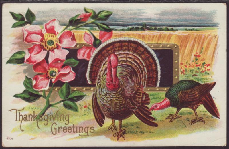 Thanksgiving Greetings,Turkeys,Flowers