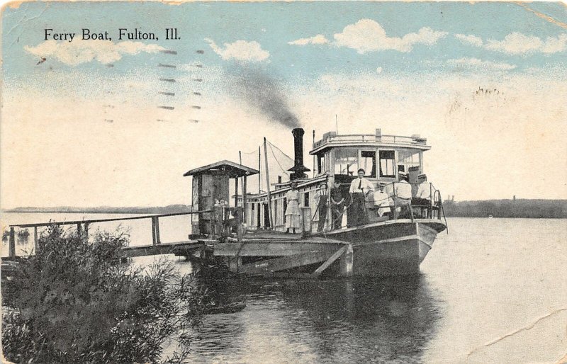 F56/ Fulton Illinois Postcard 1919 Ferry Boat Dock People