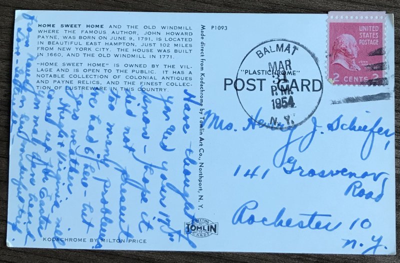 Postcard Used “Home of John Howard Payne” East Hampton NY PM/1954 L31