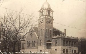 RPPC First M.E. Church, Council Grove, Kansas 1914 Vintage Real Photo Postcard