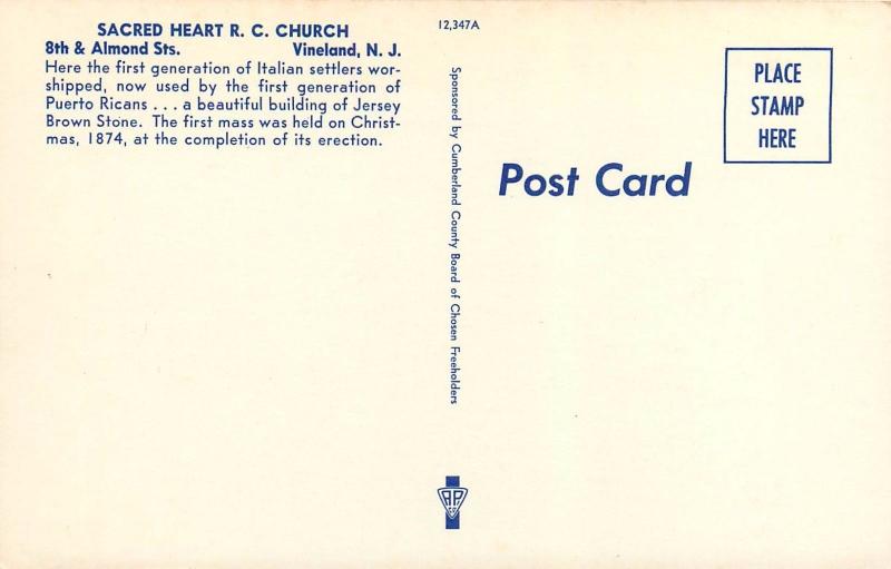 Sacred Heart Roman Catholic RC Church Vineland NJ New Jersey Postcard