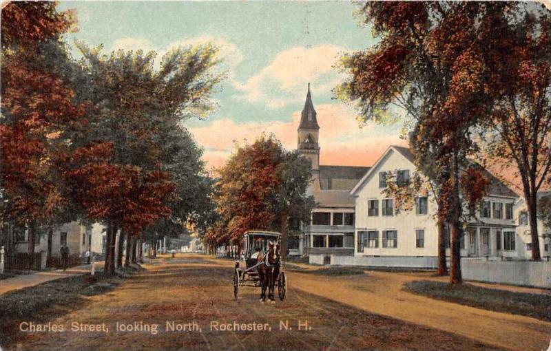 25347 NH, Rochester, Charles Street, Looking North, horse drawn carrige on road