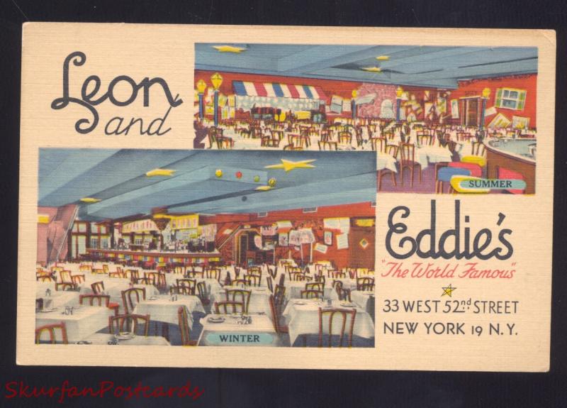 NEW YORK CITY LEON AND EDDIES RESTAURANT INTERIOR LINEN ADVERTISING POSTCARD