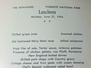 Vintage 1954 Ahwahnee Hotel Luncheon Menu Yosemite National Park Ansel Adams