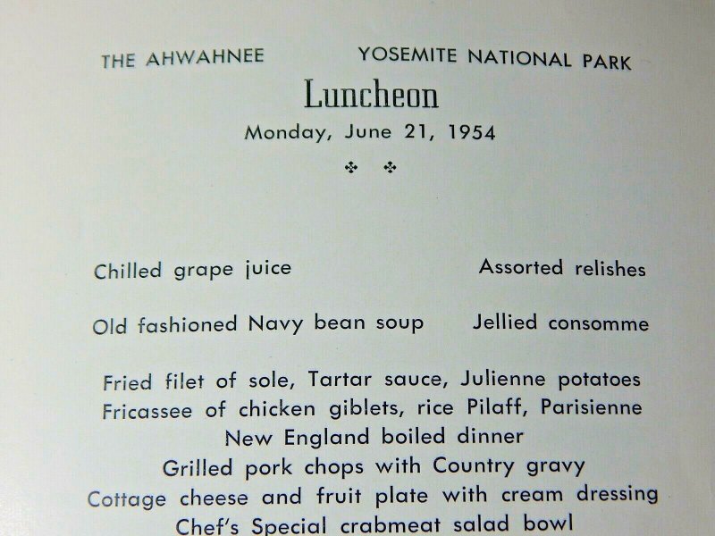 Vintage 1954 Ahwahnee Hotel Luncheon Menu Yosemite National Park Ansel Adams