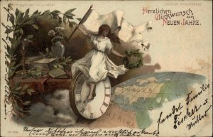 New Year Globe Hold to Light HTL Clock & Woman 1900 SETTING SUN APPEAR Postcard