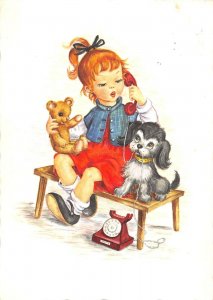US4836 Little Girl at Phone, Dogs Postcard old telephone