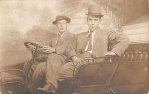 Men In Row Boat Early Auto Studio Real Photo Antique Postcard K7876520