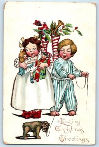 Christmas Greetings Children Chinese Dolls Toys Dog Muzzle Stockings Postcard