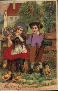 Easter Little Girl and Boy Children Real Silk Clothing c1910 Vintage Postcard
