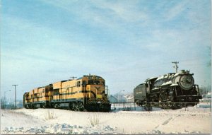 postcard - Independence Class 407 passing Pacific type 470 into Waterville Maine