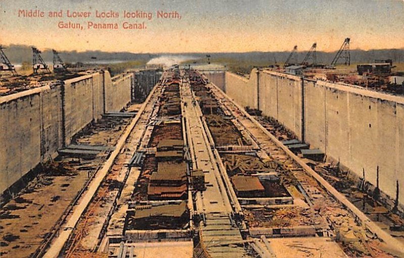 Middle and Lower Locks looking North Gatun Panama Writing on back 