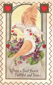 Vintage Postcard From A Fond Heart Faithful And True Birds And Flowers Hearts