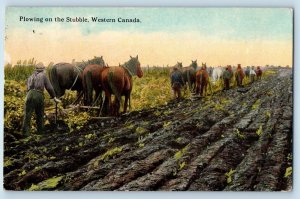 Western Canada Postcard Plowing On The Stubble Farming Scene c1930's Vintage