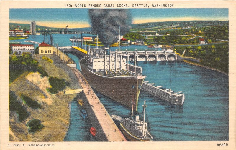 Seattle Washington 1940s Postcard World Famous Canal Locks Steamship