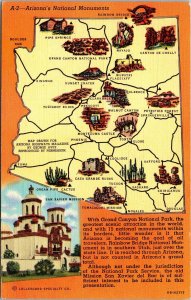 VINTAGE POSTCARD MAP OF ARIZONA'S NATIONAL MONUMENTS