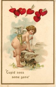 Embossed Valentine Postcarrd Cupid With Bow & Arrow sees Some Game EBNY