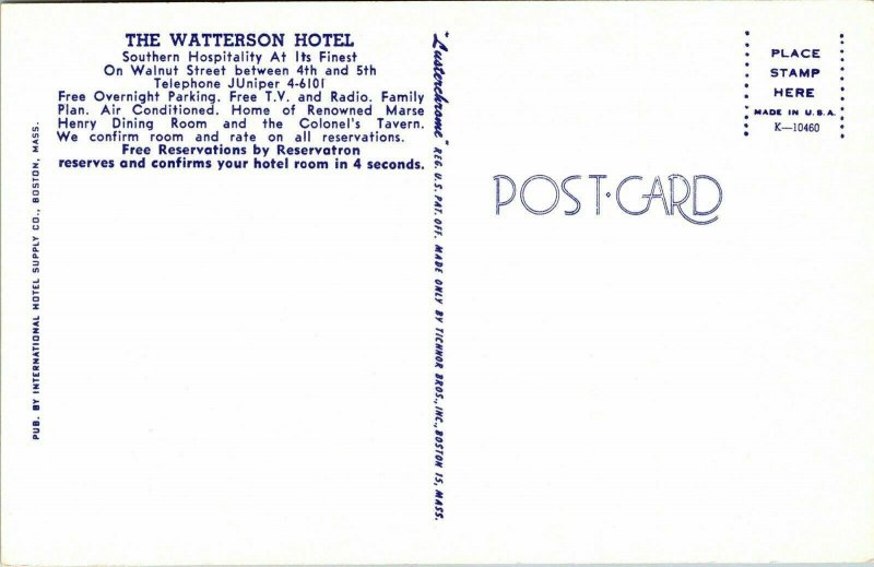 Watterson Hotel Louisville KY Kentucky VTG Postcard UNP Unused Vintage Chrome 