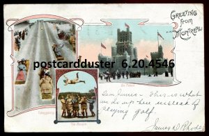 4546- MONTREAL Quebec Postcard 1902 Greetings Multiview. Ice Palace. Tobogganing