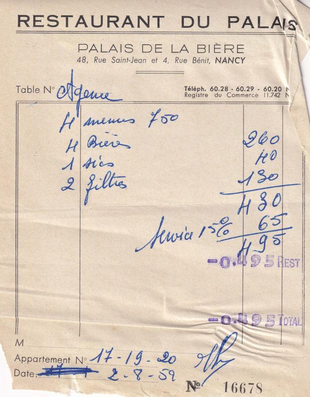 Restaurant Du Palais De La Biere Nancy 1950s Hotel Receipt