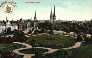 Vintage Postcard 1910 View The Three Spires Greetings From Coventry England UK