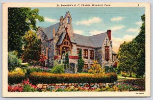 Postcard 1945 Saint Benedict's R. C. Church Plants Gardens Stamford Connecticut