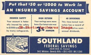 Advertising Postcard, Southland Federal Savings Bank, Beverly Hills California