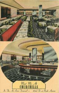 Churchill Restaurant Interior 1944 Postcard Colorpicture linen New Yorkl 5305