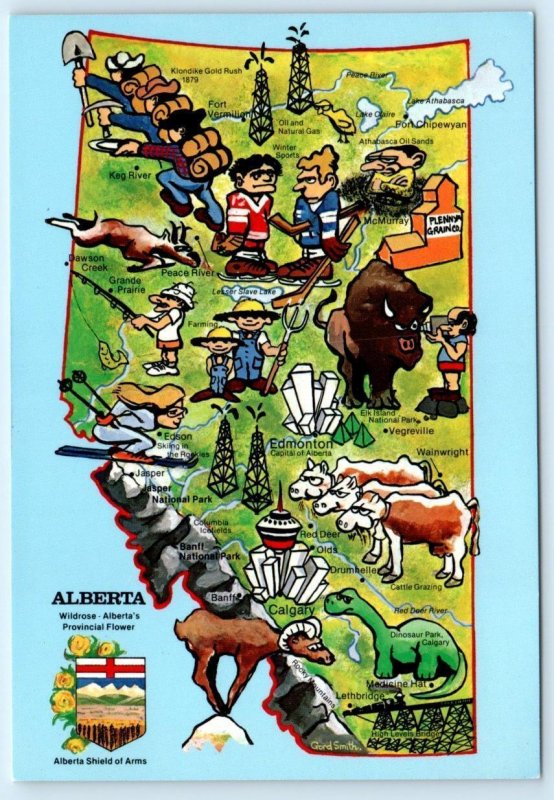 ALBERTA, CANADA Illustrated Provincial Map ~ Artist Gord Smith 4x6 Postcard