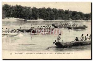 Old Postcard Army Avignon pontoon maneuvers on the Rhone bearing anchors