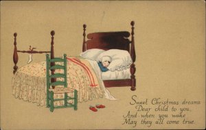 Sleeping Little Girl on Christmas Eve c1910 Vintage Postcard