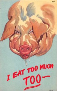 Pig I Eat Too Much Too Greetings Animal Comic Vintage Postcard JE359242