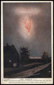 England WWI Germany Zeppelin Being Shot Down Over Potters Bar 1916 Postcar 73587