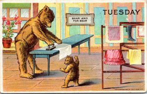 Embossed Postcard Teddy Bear Day of the Week Tuesday Ironing~136098