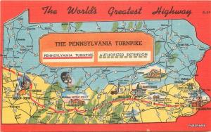 1940s Pennsylvania Turnpike Map attractions linen postcard 10190 Tichnor